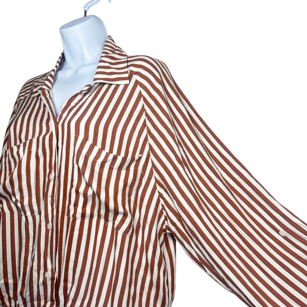 LNA Evereve Alpine Striped Button Down Shirt Drawstring Hem Brown Ivory L NWT - Picture 6 of 13
